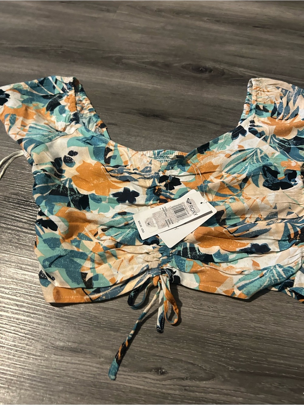 Roxy Teal, Mustard & Navy Floral Ruched Crop Top - Picture 2 of 6